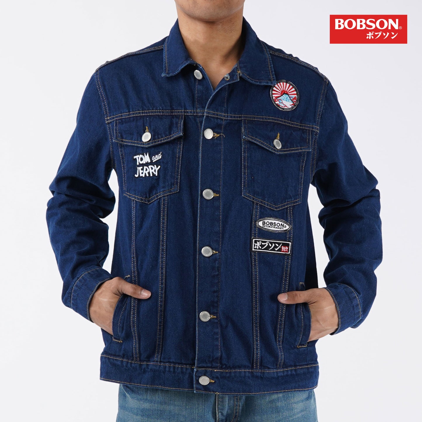 Bobson Japanese X Tom and Jerry Men's Basic Denim Jacket with Back Print Trendy Fashion High Quality Apparel Comfortable Casual Jacket for Men Regular Fit 136304 (Medium Shade)