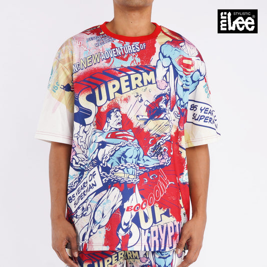 Stylistic Mr. Lee X  Justice League Superman All Over Print Oversized Tee for Men Trendy Fashion High Quality Apparel Comfortable Casual Top for Men 131734 (Red)